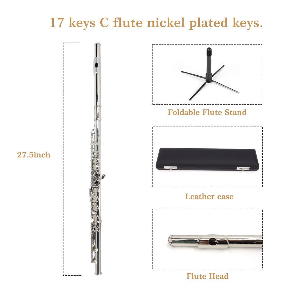 YANASON Closed Hole C Flutes 17 Key Nickel Plated Flute Beginner Student Kids Flute (17 nickel)